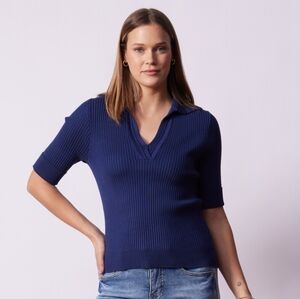 Rio & Rian V-Neck Collared Short Sleeve Sweater Navy Blue Size Medium